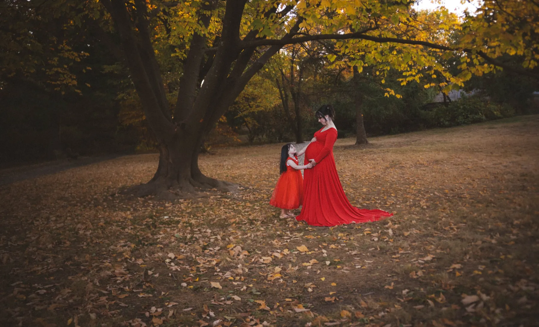 Pregnant mother in a red gown with her young daughter beneath an autumn tree